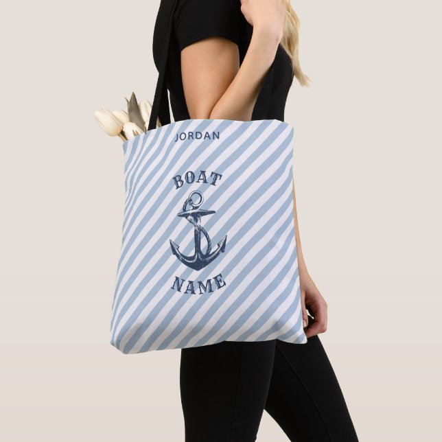 Tote Bag Ancre nautique Marine Stripes Nom du bateau (De près)