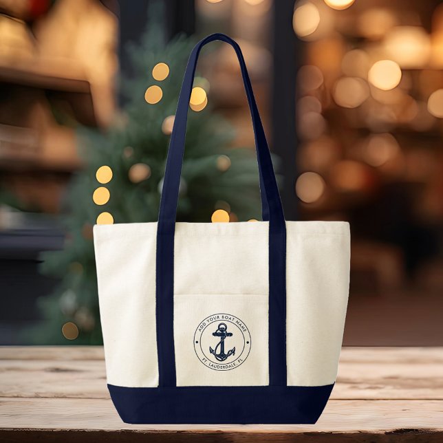 Tote Bag Ancre nautique Nom du bateau Bateau Custom Boat (Nautical Anchor Custom Promotional Navy Blue Handles Tote Bag)