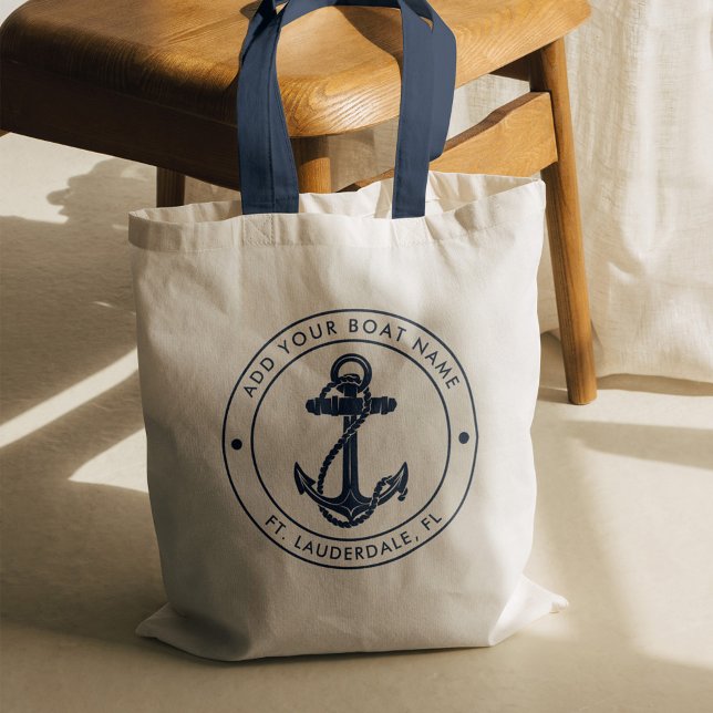 Tote Bag Ancre nautique Nom du bateau bleu marine Personnal (Nautical Anchor Navy Blue Boat Name Tote Bag)