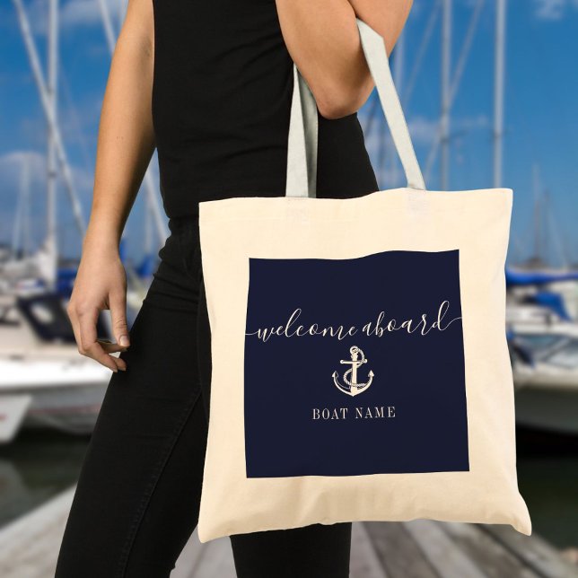 Tote Bag Ancre nautique Nom du bateau Marine Blue Welcome A (Nautical Anchor Boat Name Navy Blue Welcome Aboard Tote Bag)
