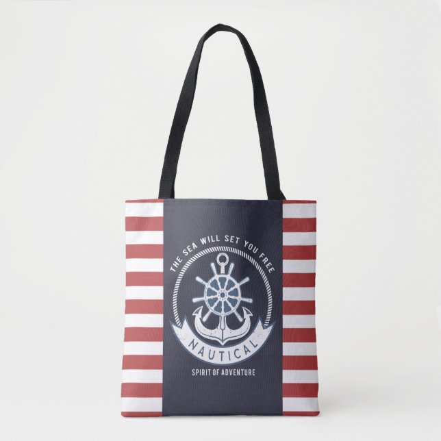 Tote Bag Ancre nautique, Roue, Bleu marine, Bandes rouges (Devant)