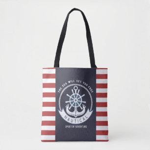 Tote Bag Ancre nautique,Roue, Bleu marine,Rayes rouges