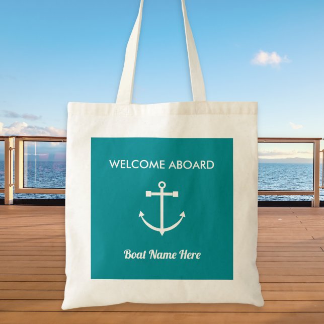Tote Bag Ancre nautique voile Turquoise Bienvenue à bord (A nautical tote bag with 'Welcome Aboard' greeting, anchor picture, and custom text to personalize)