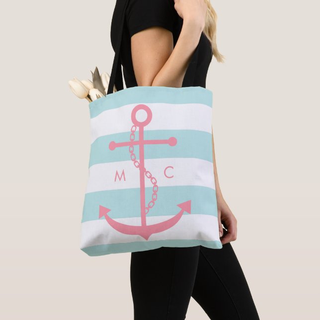 Tote Bag Ancre rose monogramme sur les pinces (De près)