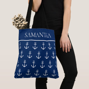Tote Bag Ancres blanches sur personnalisé bleu marine