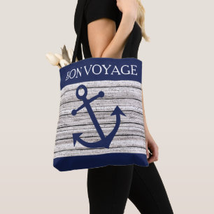 Tote Bag Ancres Bleu Marine Foncé sur Motif Bois