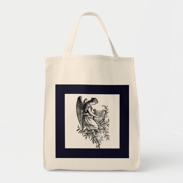 Tote Bag Ange avec harpe et flore (Devant)