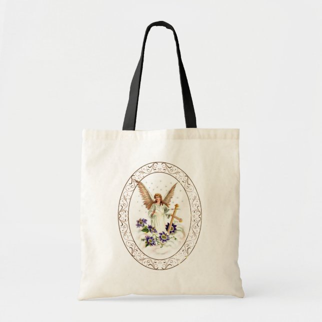Tote Bag Angel Avec Croix Et Fleurs Clematis (Devant)