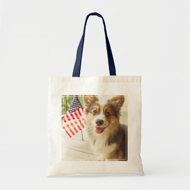 Tote Bag Animaux de bébés cutest | American Flag Corgi (Devant)