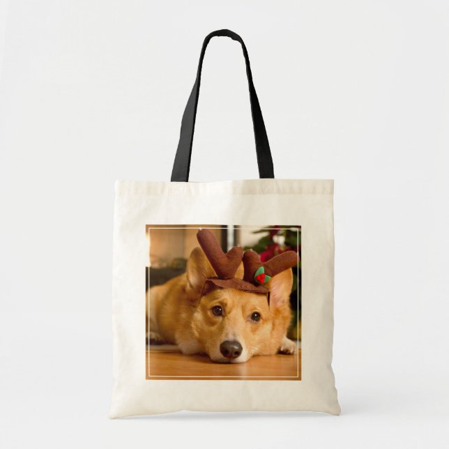 Tote Bag Animaux de bébés cutest | Corgi Christmas Reindeer (Devant)