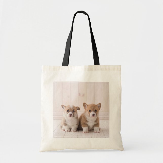 Tote Bag Animaux de bébés cutest | Deux Bébés Corgis assis (Devant)