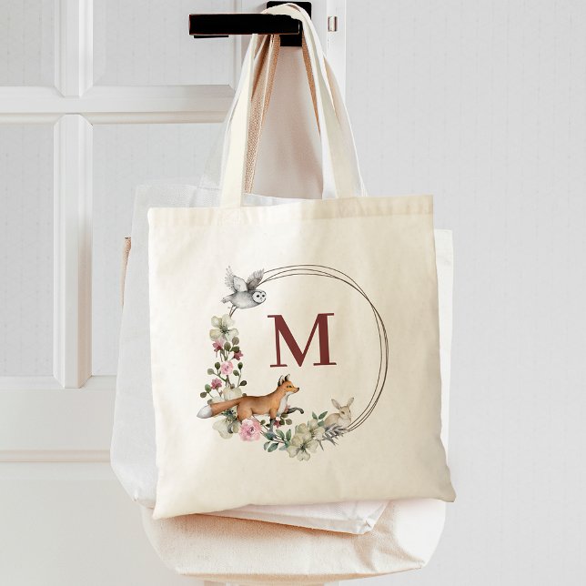 Tote Bag Animaux de forêt rustiques Monogramme de servante  (Rustic Forest Animals Floral Bridesmaid Monogram Tote Bag)