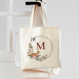 Tote Bag Animaux de la forêt rustique Fleurs Monogramme Dem