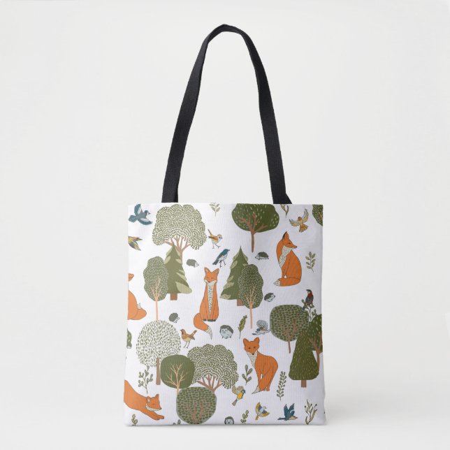 Tote Bag Animaux forestiers : renards, oiseaux motifs (Devant)