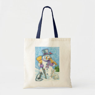 Tote Bag Animaux mignons construisant un bonhomme de neige 