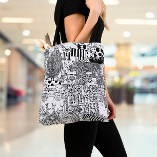 Tote Bag Animaux Sauvages Art Dessiné à la Main Noir et Bla