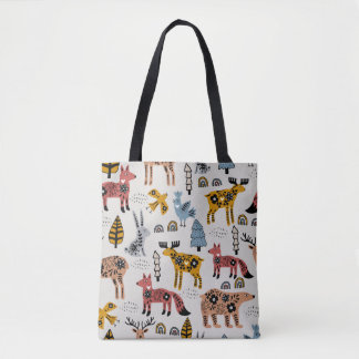 Tote Bag Animaux scandinaves, floral, motif mignon.