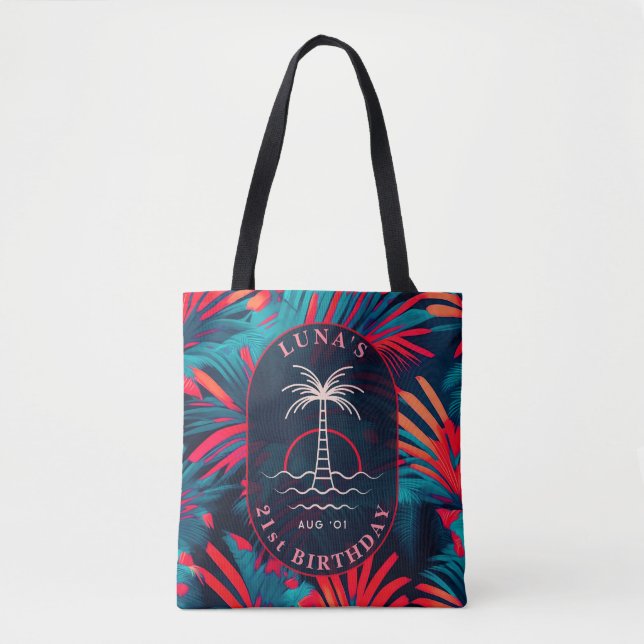 Tote Bag Anniversaire Beach party Palm tree coucher de sole (Devant)