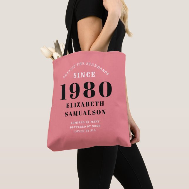 Tote Bag Anniversaire personnalisé 1980 Réglage rose (De près)