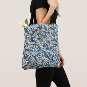 TOTE BAG ANTIQUE FLORENTINE SAPHIR BLEU FLORAL,PAONS,OISEAU
