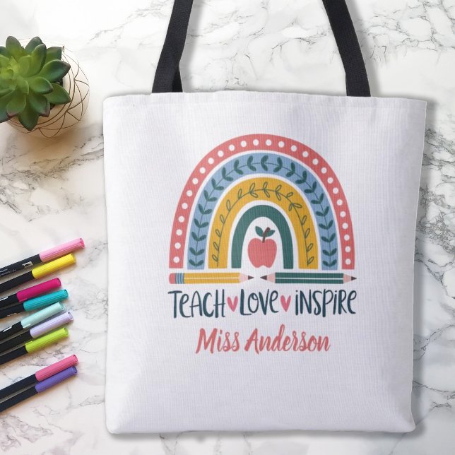 Tote Bag Apprentissage Amour Inspirer Rainbow Appréciation  (Cute teacher appreciation tote bag. Personalize it with your teacher's name. Makes a cute gift.)