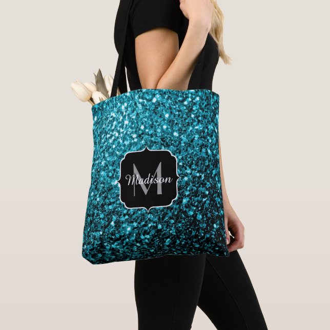 Tote Bag Aqua bleu brillant faux parties scintillant scinti (De près)