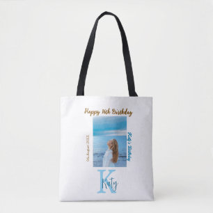 Tote Bag Aqua bleu brun heureux nom de la photo 16e anniver