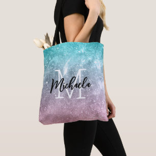 Tote Bag Aqua blue Pink ombre mer galaxie abstraite Monogra