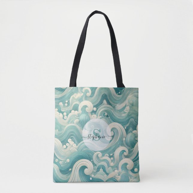 Tote Bag Aqua Blue & White Wave Abstraite - Art moderne Flu (Devant)