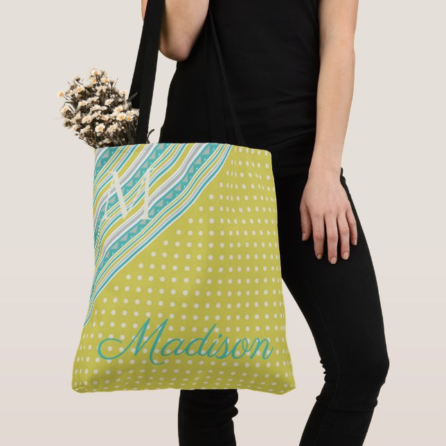 Tote Bag Aqua Chartreuse Pots branchés Nom de fille Monogra (De près)