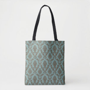 Tote Bag Aqua Élégant & Motif Damassé Chocolat Vintage