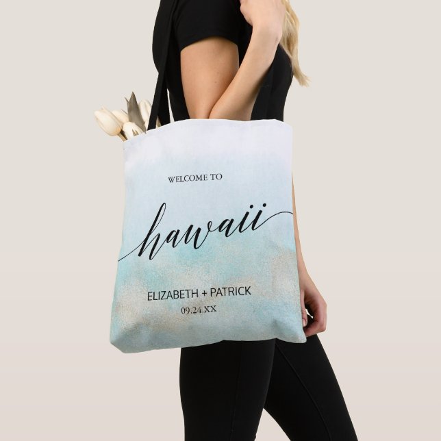 Tote Bag Aqua et Gold Beach Hawaii Mariage Bienvenue (De près)