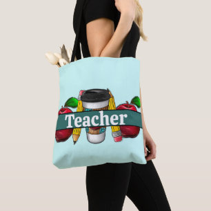 Tote Bag aqua et pomme Turquoise et crayons Enseignants