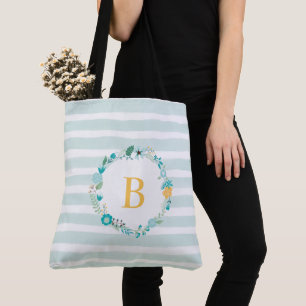 Tote Bag Aqua et Yellow Monogramme Floral Wreath