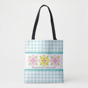 Tote Bag Aqua Gingham Floral Monogrammé