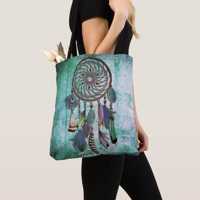 Tote Bag Aqua Grunge | Boho Style Dreamcatcher (De près)