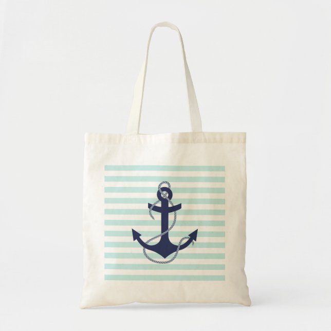 Tote Bag Aqua nautique et rayures blanches Marine Ancre ble (Devant)