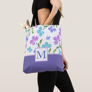 Tote Bag Aqua Periwinkle Purple Aquarelle tiges