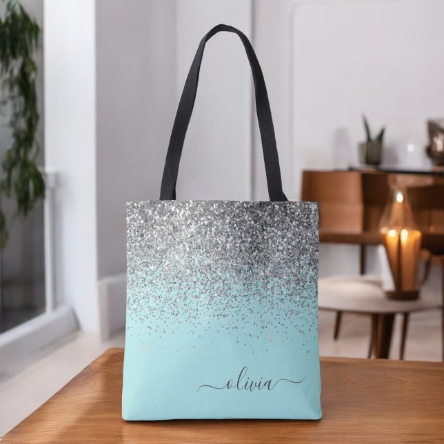 Tote Bag Aqua Turquoise Bleu Argenté Monogramme Pailleté Fé (Créateur téléchargé)