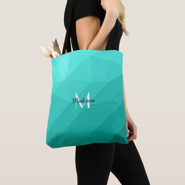 Tote Bag Aqua Turquoise Gradient Monogramme de maillage géo (De près)