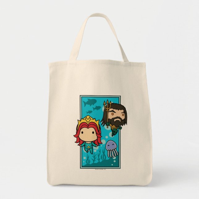 Tote Bag Aquaman | Chibi Mera & Aquaman Graphisme sous-mari (Devant)