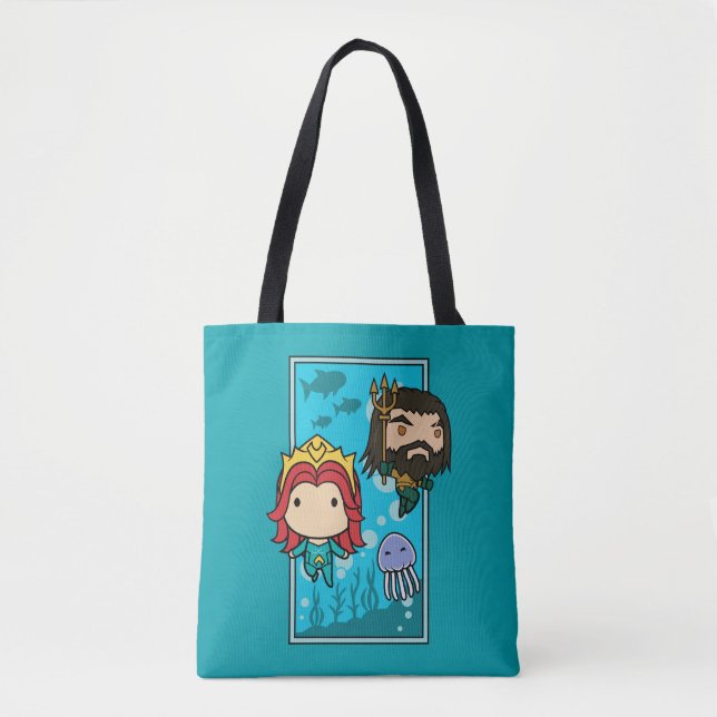 Tote Bag Aquaman | Chibi Mera & Aquaman Graphisme sous-mari (Devant)