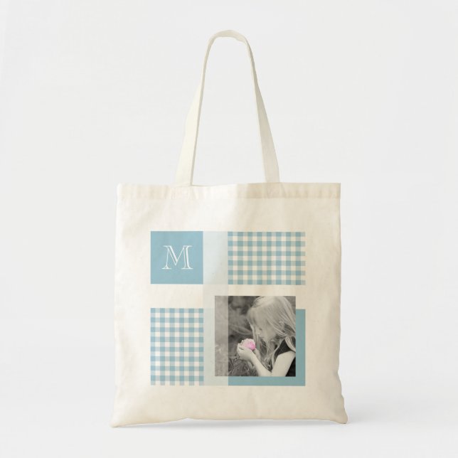 Tote Bag Aquamarine Ajouter Votre Photo En vichy Monogramme (Devant)