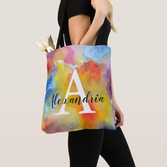 Tote Bag Aquarelle Abstraite Couleurs vives brillantes Mono (De près)