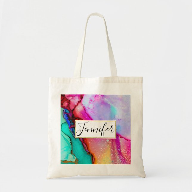 Tote Bag Aquarelle Abstraite rose et turquoise (Devant)