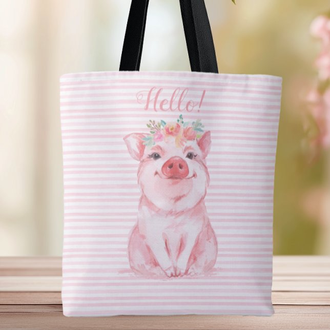 Tote Bag Aquarelle adorable Cochon roses bandes (Adorable Pig Tote Bag)