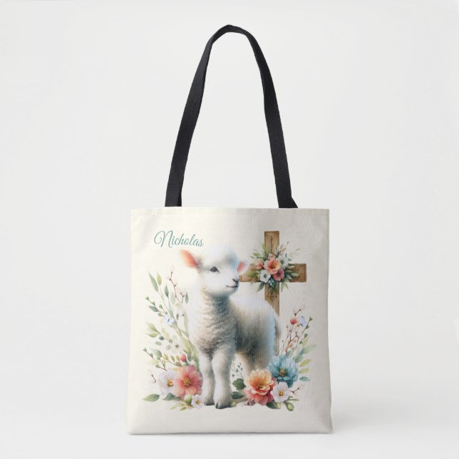 Tote Bag Aquarelle Agneau de Pâques Personnalisé (Devant)