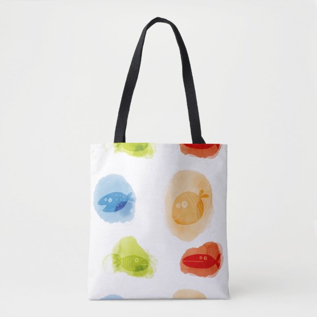 Tote Bag Aquarelle amusante Poissons sur arrière - plan bla (Devant)