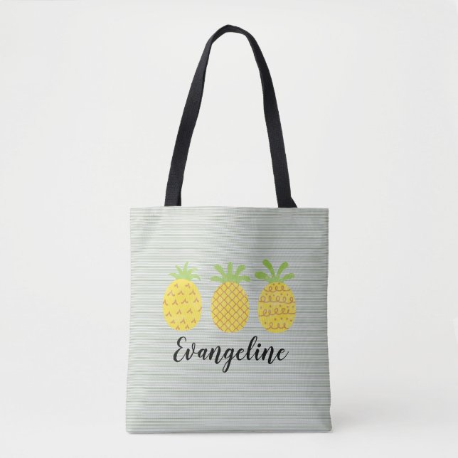Tote Bag Aquarelle ananas trio avec Pinstripe verte (Devant)