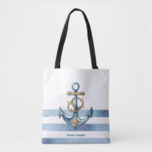 Tote Bag Aquarelle Ancre marine Bleu clair rayures (Devant)
